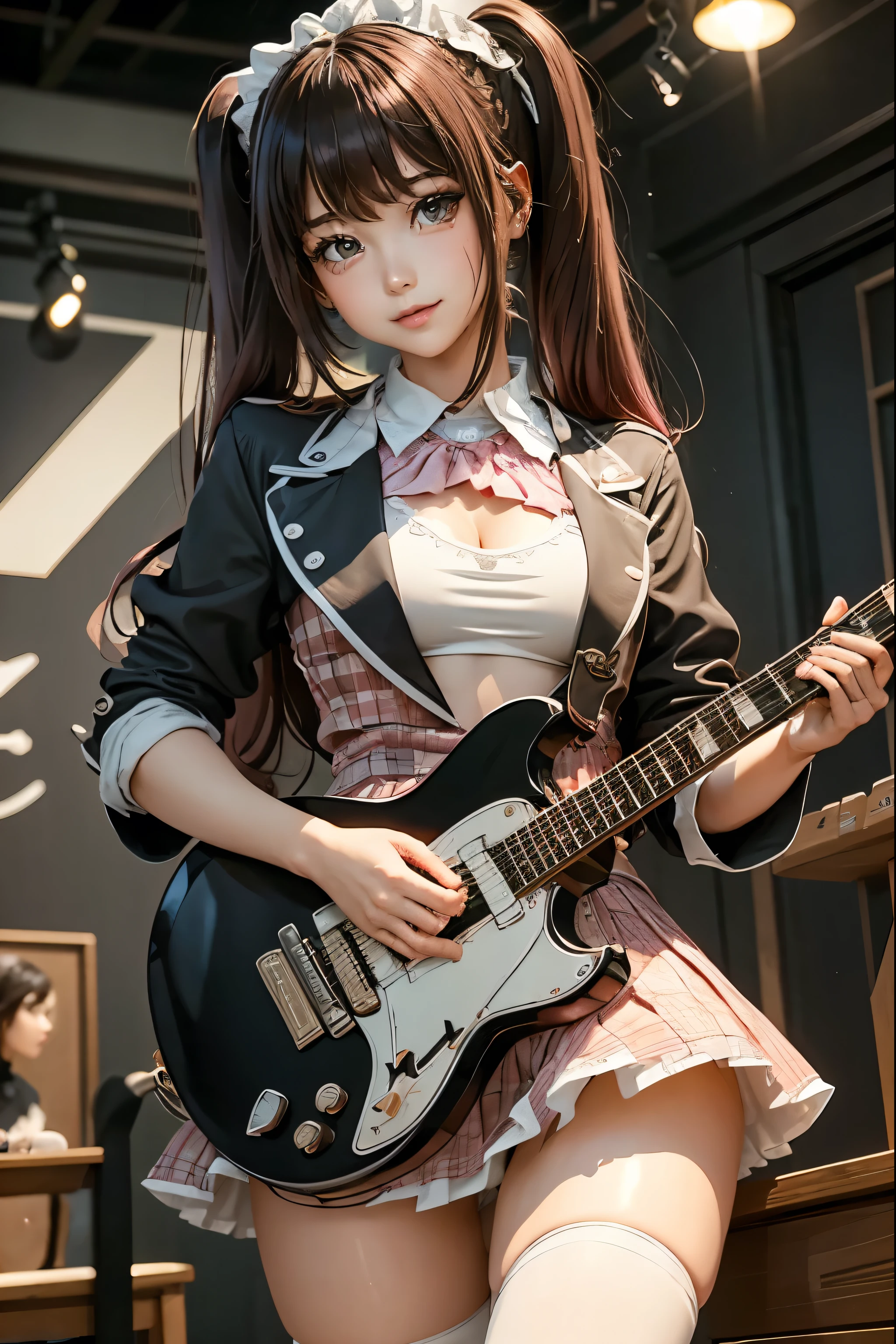 High school girl blazer、uniform、 Red Check Knee Length Skirt、 long skirt、JK Style、 jacket、smile、 knee-high socks、 thigh high socks 、 pantyhose、Superb beauty 、Super cute、ennui、 Rare Beauty 、 twin tail hair、 Dark Dark Eye Shadow 、 sad、Skin radiance、 Long Hair Straightener 、 Dark Gothic Makeup 、Dark Smile、 Fragrant Beauty 、 Stained Glass Background 、masterpiece、 best quality、See 5 books、Sweat glistening on my chest、Sweat glistening on the face、 smaller breasts、Dark pink hair、22 years old、Slightly slim、 Mysterious Expressions 、Sad look、 pink hair、 Mysterious Gothic Church 、 Fascinating Castle 、Excessive sweating all over the body、Lots of sweat and shine on the thighs、Shiny thighs、Thighs、 Thighs、 sweat a lot、gal、 smaller breasts、 Japanese face 、 Seductive Expression 、Thin thighs、Playing guitar、 holding an electric guitar 、Sing passionately、A lot of sweat shines on the band Playing Guitar 、 Playing Guitar Chords 、 Live House Background 、 songs、 open your mouth、 Live House Scenery 、 microphone stand、 gorgeous live stage 、 Dynamic Angles 、