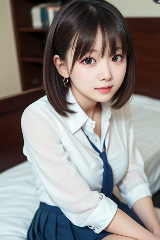(((alone))),(((1 Girl))), beautiful, shape, Highly detailed skin, masterpiece, Highest quality, Highly detailed face, Vibrant colors, Written boundary depth, Cinema Lighting,, One Girl, alone, Brown eyes, Brown Hair, hair ornaments,Long Hair,Green Check Skirt,, White shirt, ,masterpiece Highest quality 高解像度、, Long Hair, Sit with your knees bent、eight-headed body、beautiful足 、On campus、As if looking up from below、Embarrassing,Browsing Caution,Camel Toe