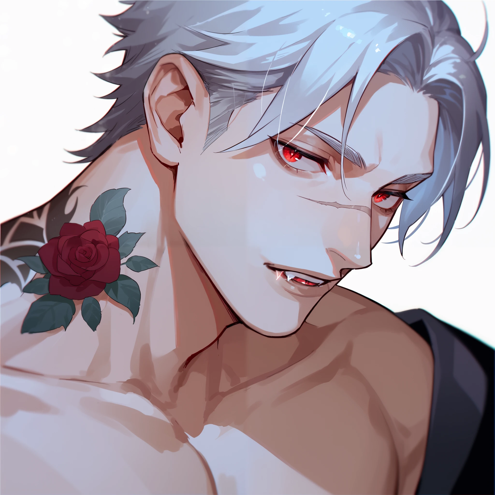 male, vampire, muscular, tattooed, scar over nose, elegant parted hair, white hair, red eyes, pale skin, mysterious background, face and bust focus