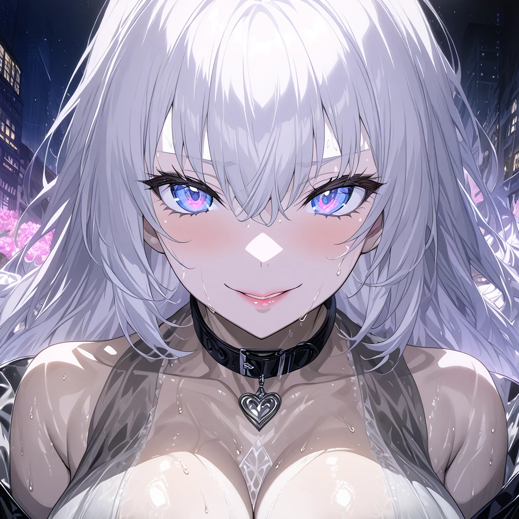 NSFW High Definition 、 best quality、 Ultra detailed CG Unity 8K wallpaper、masterpiece、 super detailed、 Super Fine Illustration 、  detailed beautiful face、 detailed beautiful eyes、Big Breasts、 big butt 、glamorous body、  Jeanne Horta (destiny) ((My slave)) ( They are walking around the downtown area wearing collars at night)(Metal Color) ( So Embarrassing ) (Clear and Sheer Vulgar Underwear )(sweat)( slaves sown by me ) smile、 beautiful lashes、((pure love))