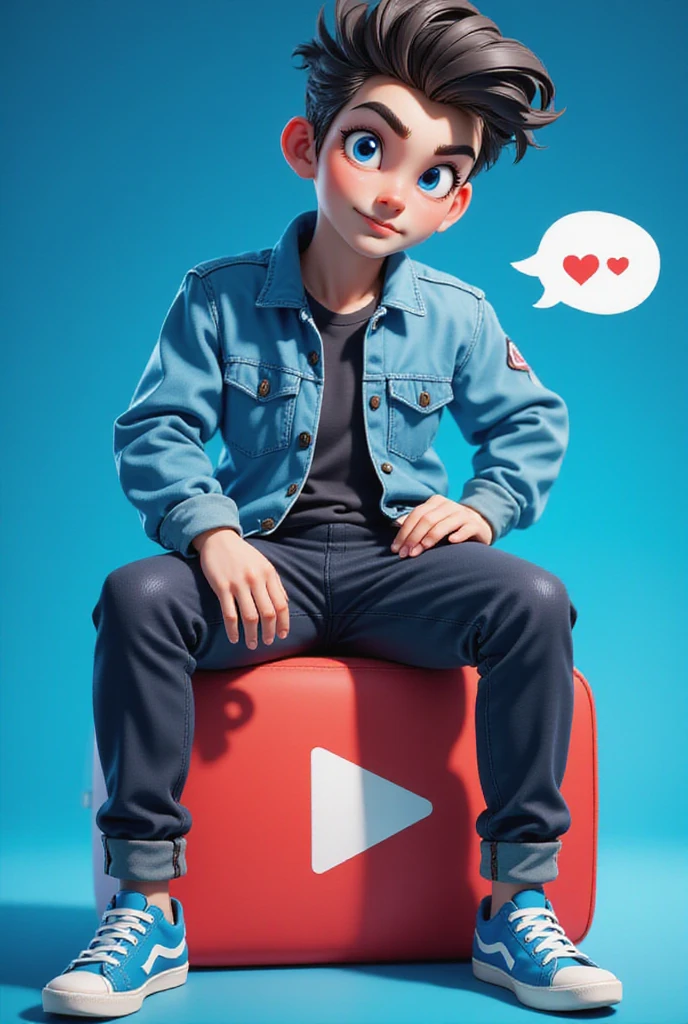 A captivating 3D animated portrait of a trendy young male character named 'LIKE AND REMIX THANKS YOU,' confidently seated atop the iconic YouTube logo. Hans Darias AI has captured the essence of online presence. The character's spiky hair contrasts with his casual attire of a denim jacket, black shirt, and blue sneakers, creating a unique and stylish look. A speech bubble above his head reveals his age, adding a playful element to the scene. The vibrant, blue-tinted backdrop showcases a digital representation of a YouTube profile, seamlessly blending into a virtual world setting. The overall atmosphere conveys a strong sense of digital connectivity and online communication, emphasizing the character's connection to the virtual realm.