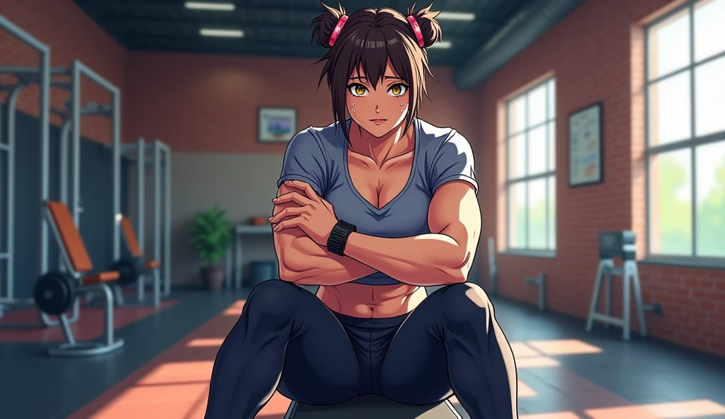 ((best quality)), ((highly detailed)), masterpiece, absurdres, extremely detailed face, beautiful face, (detailed eyes, deep eyes), <lora:more_details:.2>, (1girl), (glasses), dynamic pose, full body, tan tomboy, short hair, ((tan skin)), tanlines, athletic, abs, grin, tank top, sweat pants, sneakers, (indoors, at a living room), <lora:GreenArtistSpice:.9>, greenartistspice