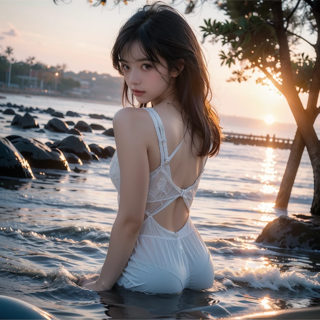 (( best quality)),((masterpiece)),Sandy beach at dusk,Water&#39;s Edge,(( Beautiful Woman in Return)),((beautiful naked women)),Big Breasts,Big Butt,(( wet hair )),(( wet skin )),No underwear,((Fabric is transparent )),(( pure white wet and sheer thin lace fabric)),