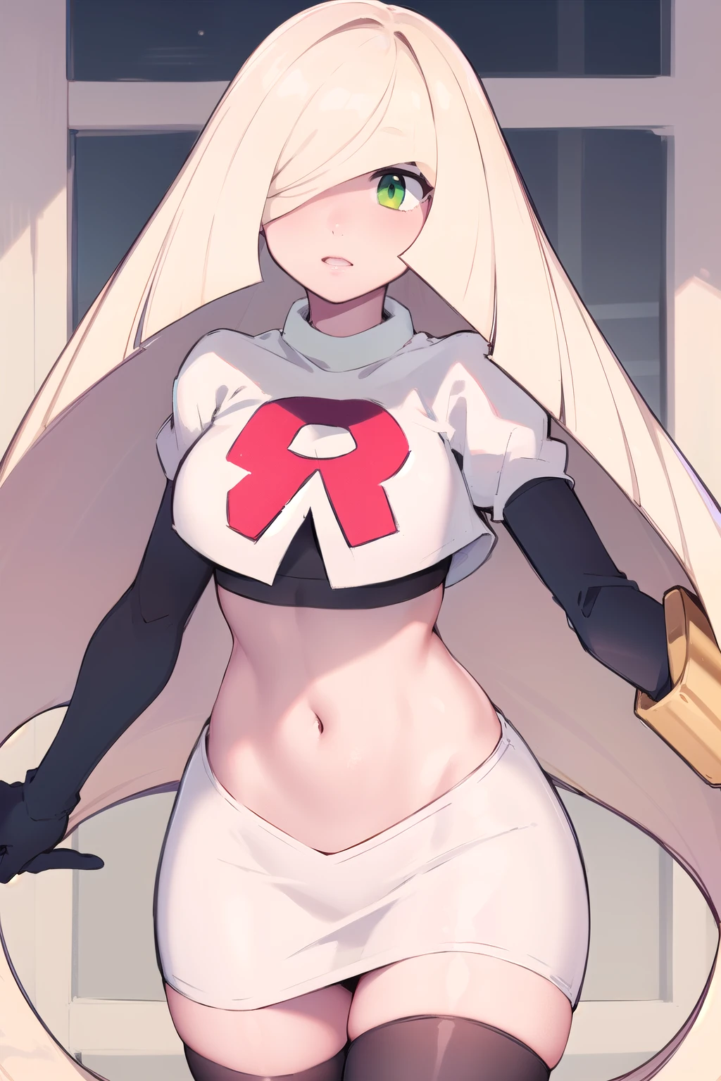 masterpiece,best quality,1girl,mature female,lusamine,blonde hair,green eyes,very long hair,(hair over one eye:1.3),team rocket,team rocket uniform,white skirt,red letter R,crop top,black thigh-highs,black elbow gloves,