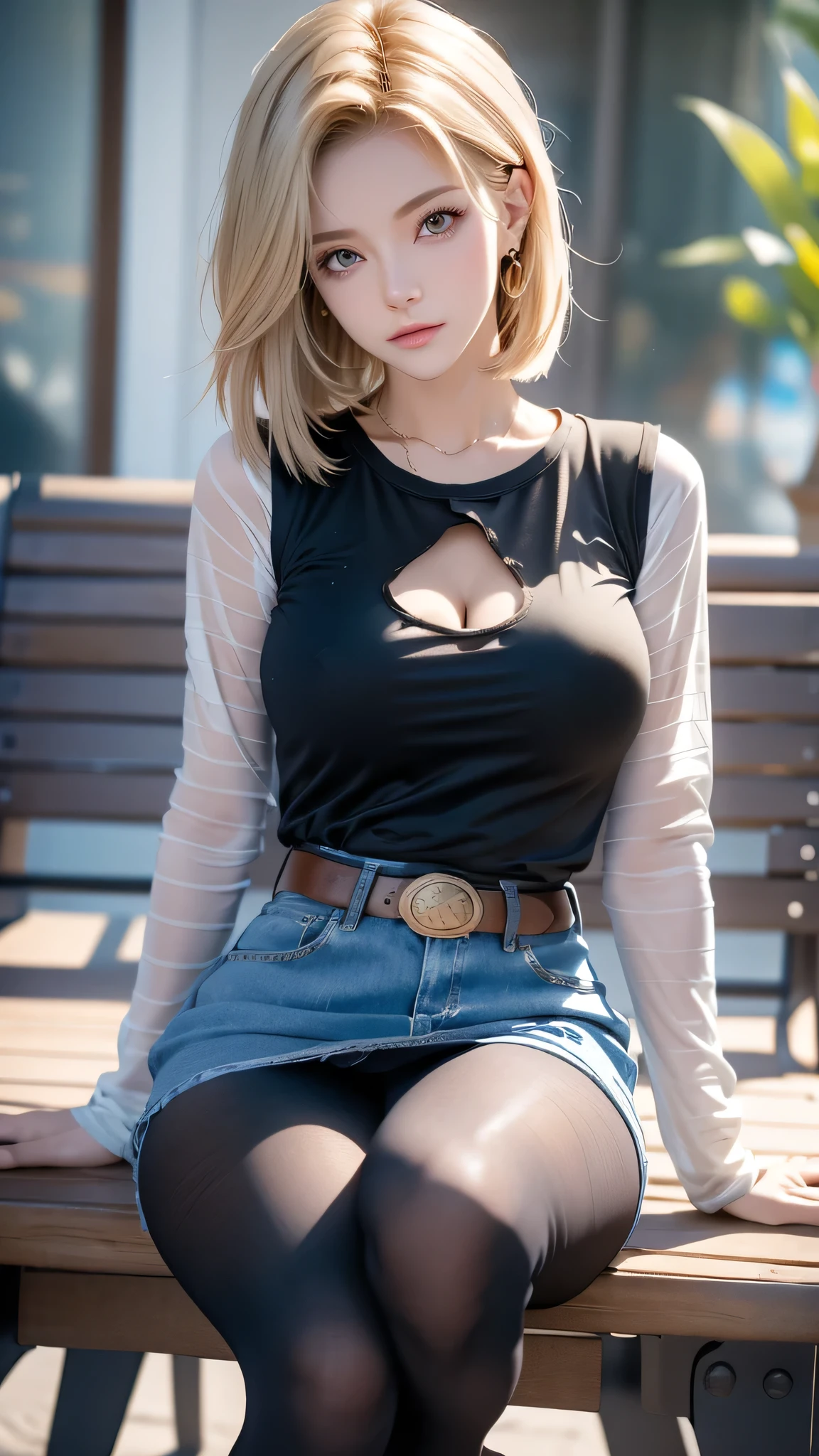 One girl,  Android 18, Blonde,  pretty and sexy girl, She wearing light blonde hair, Medium length shaggy cut hair, She have Very large breasts bouncing, Wearing a very short blue H-line denim skirt, Wearing a denim vest, The denim skirt and denim vest colors match, She Wear long sleeves, It has long sleeves with black stripes at regular intervals on a white background, She wears flesh-colored illusion pantyhose, The pantyhose she wears look like brown stockings, She wore pantyhose and wore white panties over them, wearing a women's Western cowboy-belt, wearing women's Western cowboy-boots, wearing a black t-shirt that exposes deep cleavage, No bra, breast areolas outside a black T-shirt, clearly exposed, She is sitting on the bench, She holds the lower part of her right thigh with one hand, Raises her right thihh, She puts her raised leg on the side of the bench, Her legs are spread, So the denim skirt is pushed up her thigh, The shiny white panties above the pantyhose she is wearing are visible thanks to the raised denim mini skirt and her right thigh, Her panties are slightly visible, She gives me a tempting look, Full of anticipation, She winks with her left eye, boldly and fascinatingly winks her left eye and stares at me intently, bench, outdoor park, four trees around, clear sky, masterpiece