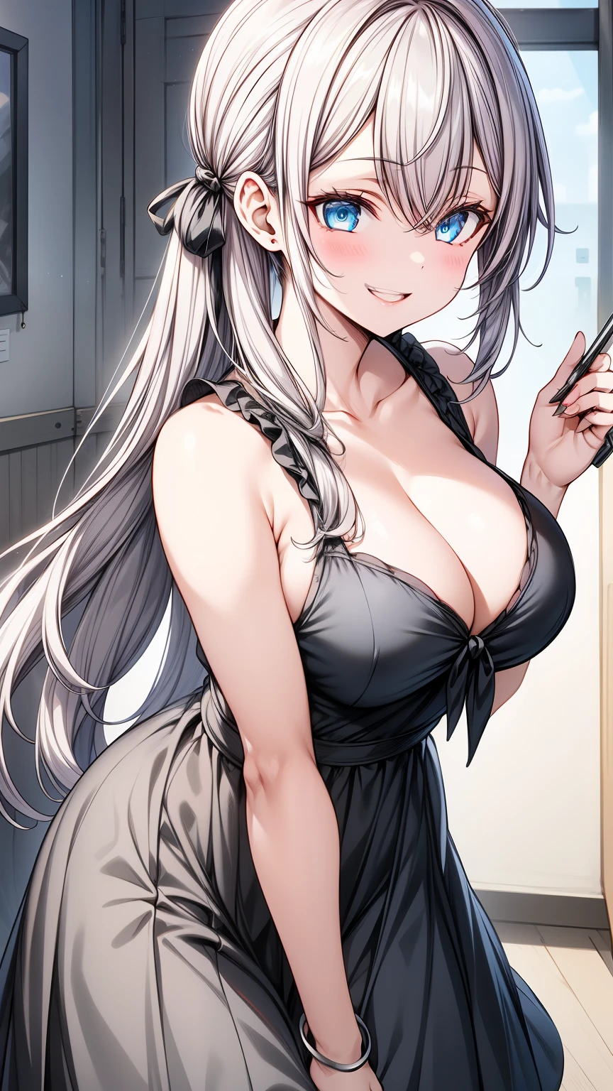   masterpiece, above_quality, source_animation, real_ Qualified _Exhibition, sarribaer _Detailed_rostro, sarribaer _Detailed_, 

 big breasts,  V-neck with deep , Lucy Heartfilia, Alone,  silver hair , Blue eyes, long hair,  side ponytail , hombros descubiertos, sleeveless,  hair band,  evil smile tie, blush, breath, arrive for