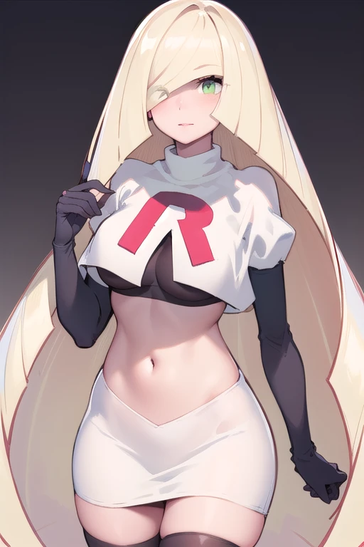 masterpiece,best quality,1girl,mature female,lusamine,blonde hair,green eyes,very long hair,(hair over one eye:1.3),team rocket,team rocket uniform,white skirt,red letter R,crop top,black thigh-highs,black elbow gloves,