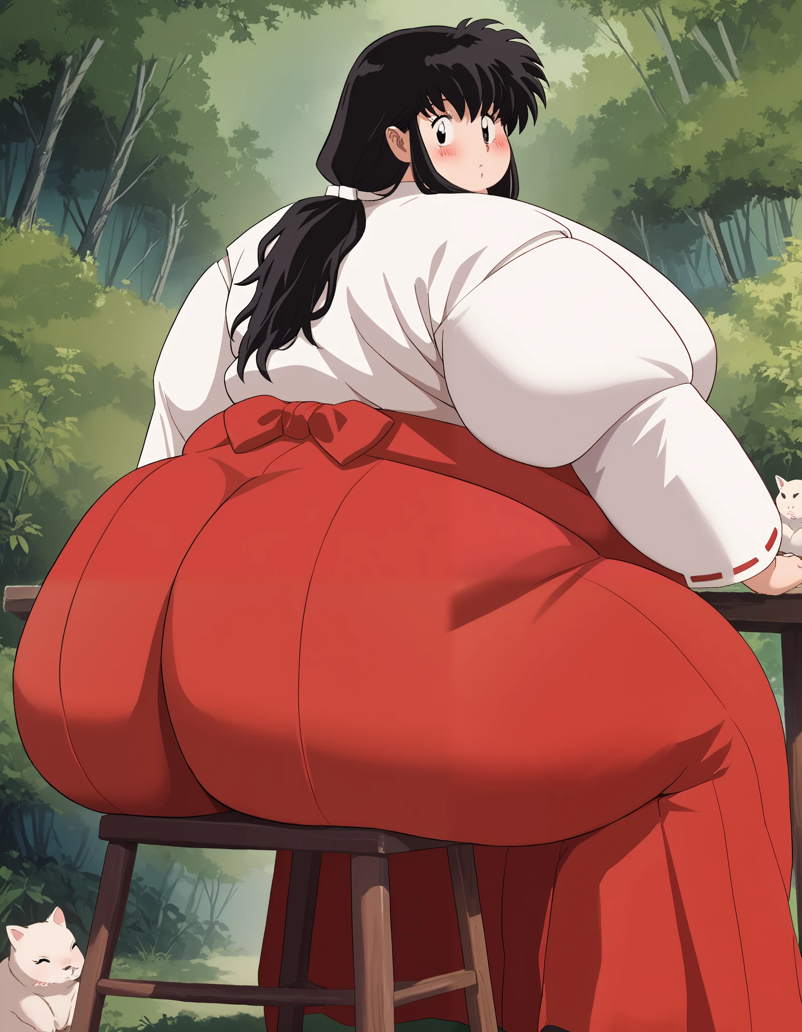 score_9, score_8_up, score_7_up, source_anime,
kagomehigurashi, long hair, black hair, retro artstyle, black eyes, blush,
 skirt, long sleeves, japanese clothes, hakama, hakama skirt, miko, red hakama, 
outdoors, forest, nature,
looking at backside,  fat, chubby, obese, gigantic arms and legs,   perfect quality, detailed face, sitting on a chair, huge ass