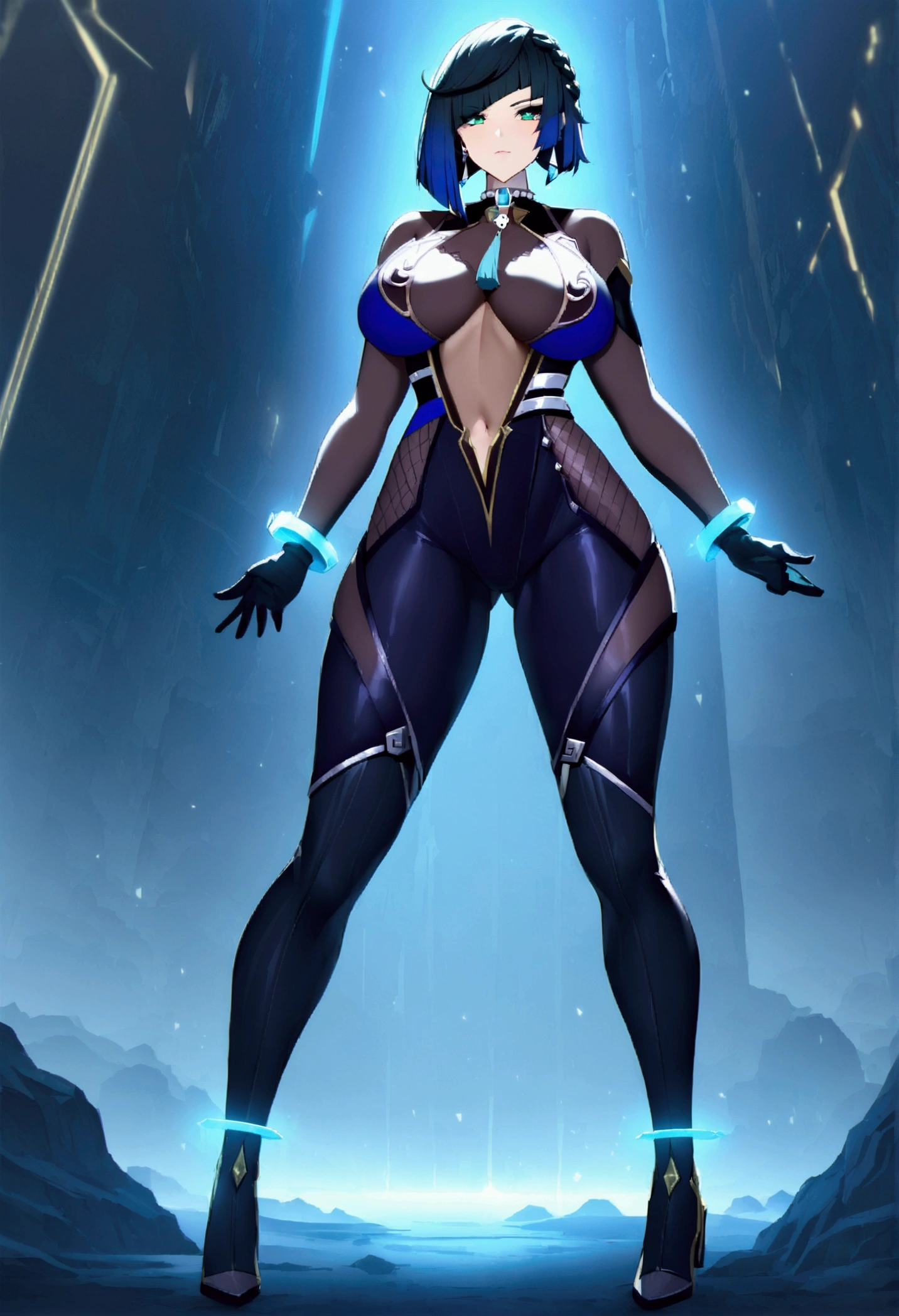 yelan, genshin, Milf, woman in a futuristic suit, highly detailed face, cool, large breast, (Milf), mature face, (mature female), cybersuit, anime girl wearing tight suit, milfication, Elegant body, navel focus, naked body, full body, gloves, science fiction, female protagonist, standing, volumetric light, detailed lighting, detailed textures, oppai cyberpunk, biomechanical oppai, using bow, masterpiece, best quality eyes, futuristic landscape
