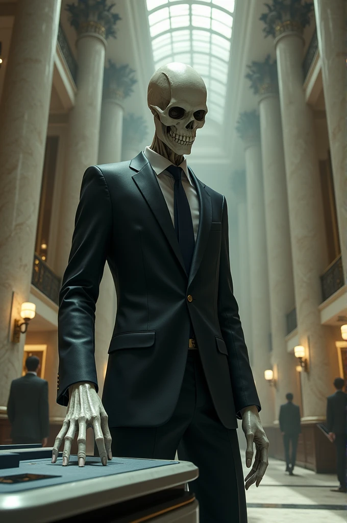 A dead body covered in brown bandages,standing upright,skull slightly visible,judge and jury can be seen,being put on trial,modern day court,funny