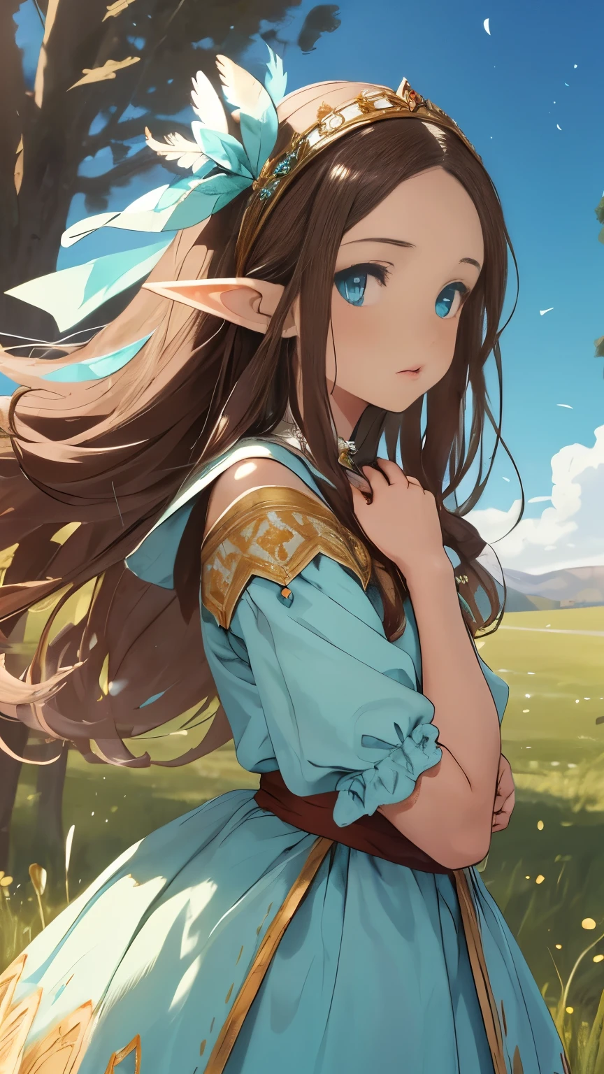 Masterpiece, A girl with long dark brown hair, straight and with a clear forehead , with a beautiful face, innocent and turquoise eyes , dressed as an elf princess , light blue dress with ruffles , fine fabrics, headband tiara , pointed ears , medieval fantasy , embroidered details in plain gold , watching feathers that fall from the sky on a meadow