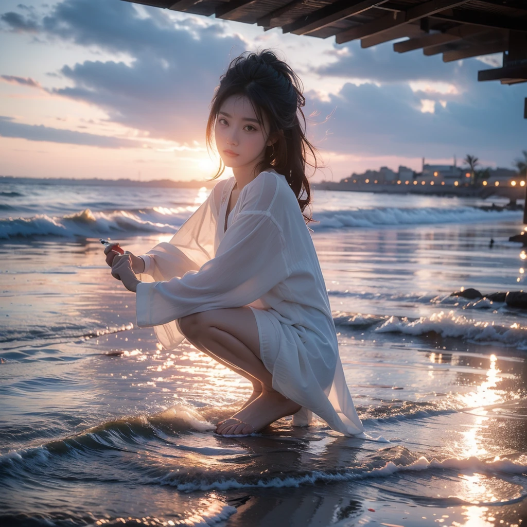 (( best quality)),((masterpiece)),Sandy beach at dusk,Water&#39;s Edge,(( Beautiful Woman in Return)),((beautiful naked women)),Big Breasts,Big Butt,(( wet hair )),(( wet skin )),No underwear,((Fabric is transparent )),(( pure white wet and sheer thin lace fabric)),