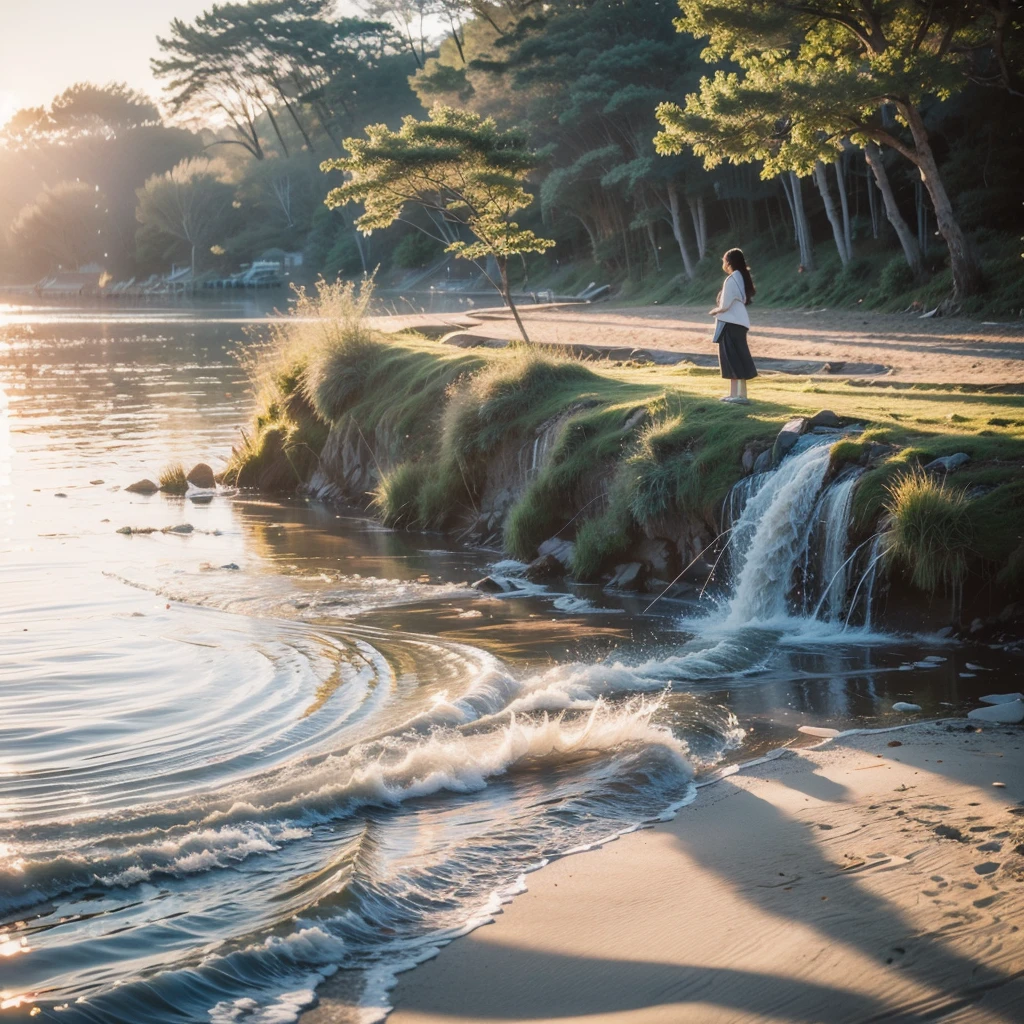 (( best quality)),((masterpiece)),Sandy beach at dusk,Water&#39;s Edge,(( Beautiful Woman in Return)),((beautiful naked women)),Big Breasts,Big Butt,(( wet hair )),(( wet skin )),No underwear,((Fabric is transparent )),(( pure white wet and sheer thin lace fabric)),