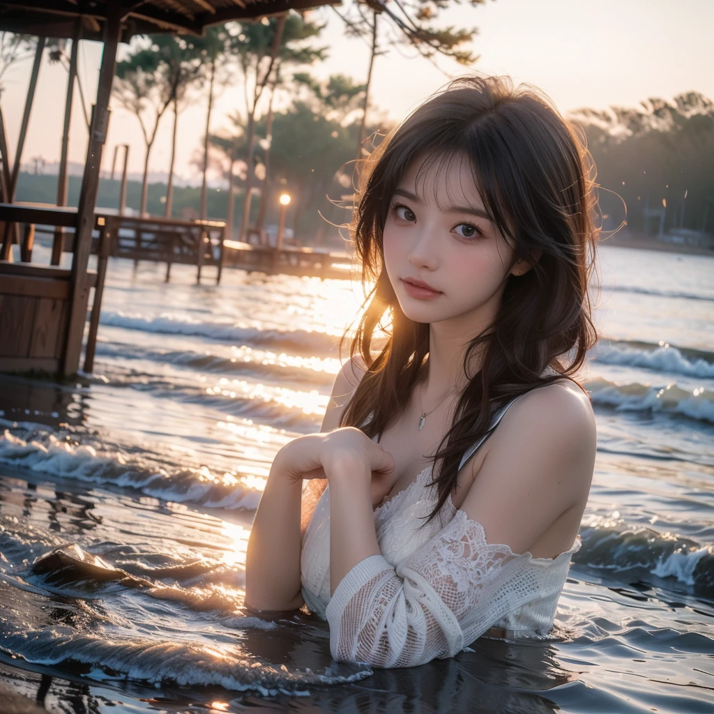 (( best quality)),((masterpiece)),Sandy beach at dusk,Water&#39;s Edge,(( Beautiful Woman in Return)),((beautiful naked women)),Big Breasts,Big Butt,(( wet hair )),(( wet skin )),No underwear,((Fabric is transparent )),(( pure white wet and sheer thin lace fabric)),