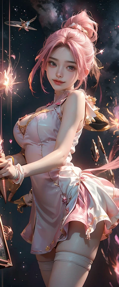 1girll,(Captivating quality:1.4),(True textured skins of the highest quality), Delicate face,Pink twin-tailed hair, red dance dress, Gradient Hair, (perfect bodies:1.1),Heart-shaped choker、long eyelasher,grin, hyperphotorealism, Cinematic lighting,NeonHypnoPMV, projected inset, surrealism, hyper HD, masutepiece,Dream On,sexy intricate transparent latex dance dress,Carmelto,tattooed,Fantasy space,Luxurious space, obedient, submissive