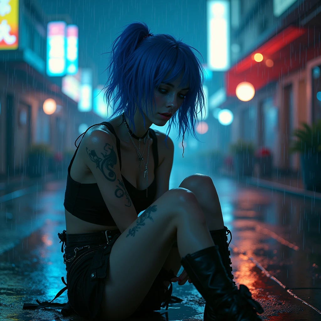 A (((full-body))) picture of an ethereally beautiful 1 girl. miku outfit,sleeveless shirt, grey shirt, detached sleeves, necktie, arm tattoo, skirt, thighhighs, thigh boots, masterpiece, best quality, 8k, Detailed skin texture, Detailed fabric texture, beautifull detailed face, intricate details, Super detailed, Portrait of Rei Ayanami, blue hair, blue eyes, wear glasses，head tilt,（masterpiece，Best quality，high resolution），Color Background，Acrylic paint，（（Splash of Color，Ink splatter，Splash of Color）），Sweet Chinese girl，Thin waist，Navel，Huge ，Short curly hair，Straight Hair，White hair，Black Hair，Colorful Hair，Eyeliner，Glowing red eyes, Red X pupil，，flash，Peach Lips，White shirt，front，Upper Body. Her eyes are a striking blue, and she is wearing ((heavy black eye makeup)). She has a very slim body with long thin legs and large round breasts. She is wearing a tight white crop top, a very short black miniskirt, and black boots. She is sitting in a provocative pose that shows off her legs, and her (((whole body from head to toe))) is shown in the photo., En medio de una suave lluvia, Una hermosa mujer sentada increíblemente mojada con pechos grandes, y largos cabellos rojos y mojados, lágrimas corriendo por sus mejillas, Su cara, con los ojos abiertos, tristeza. expresión de miedo triste, vestido con un azul hielo, dañado irreparablemente, vestido suelto roto. Las suaves gotas de lluvia parecen mezclarse con sus lágrimas, creando un momento tierno e íntimo. A medida que la luz se filtra a través de la lluvia, La baña en un resplandor sereno, añadiendo a su presencia etérea a pesar de su profundo dolor. Esta conmovedora escena sirve como un recordatorio de la delicada interacción entre las emociones y la naturaleza., evoking a sense of empathy and admiration for the woman's beauty and resilience in the face of tristeza. ojos abiertos