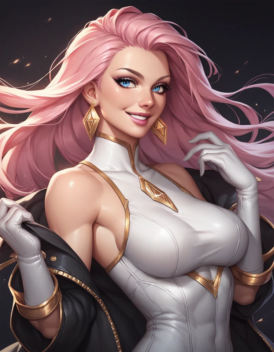 A cute woman 30year old with pink hair and blue eyes, dressed in white and grey armor with a big heart on her chest. She's wearing bunny ears and headphones, and has a smile on her face., looking at viewer, upper body, :d, arched back, dynamic pose, dutch angle