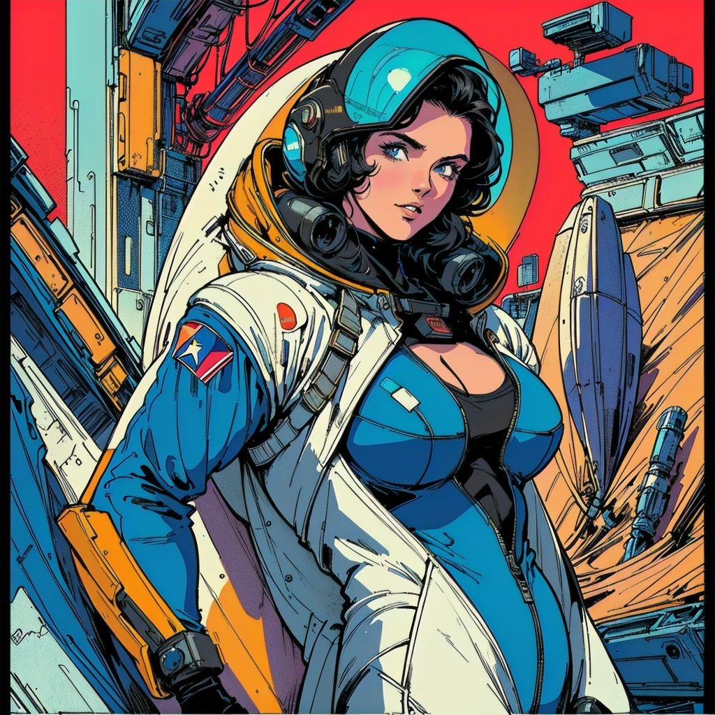 ((( Best Quality Masterpiece ))),(((Absolutely one woman))),(spacesuit that emphasizes cleavage ),((( 70s and 80s space thriller movie posters))),( American Comics ),((( retro vintage style ))),Overwhelmingly complex depiction,Absolute machine group background,Near future, Cyberpunk ,Extremely accurate and delicate depiction,