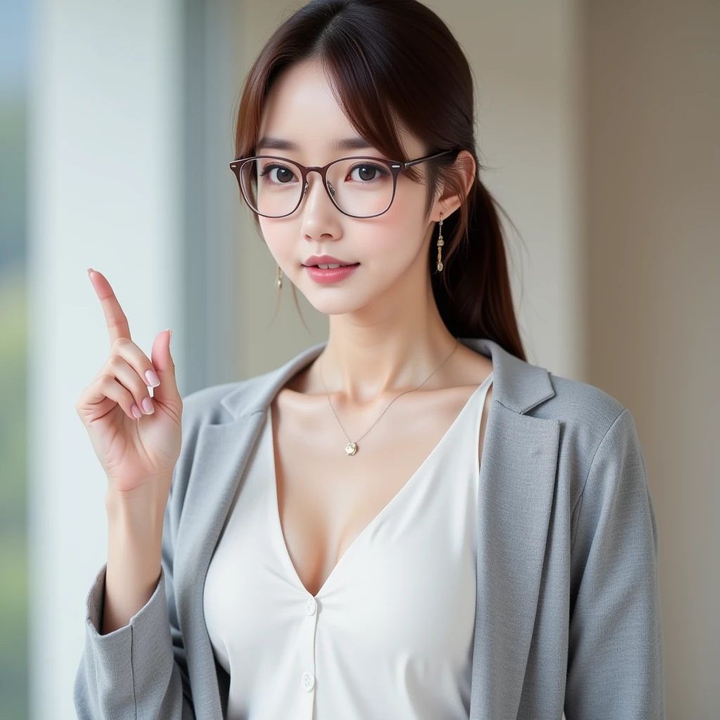 ((female teacher 、Classroom Pulpit、In front of the blackboard、Dark gray suit、a miniskirt、White blouses、Accentuate cleavage with a slouch、Red-rimmed glasses、Suck the index finger of the right hand、Wavy brown hair、bending forward、A slight smil))top-quality、​masterpiece、超A high resolution、(Photorealsitic:1.5)、1girl in、Shoulder、enticing、looking in camera、Colossal tits
