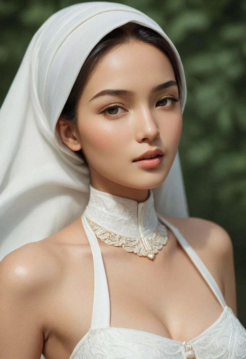 (Masterpiece: 1.4, Best Quality): This exquisite 8k wallpaper showcases an Indonesian girl in elegant detail. Dressed in a long, beautiful white hijab and jubba thobbe, she exudes an air of tranquility and aesthetic beauty. The perfect lighting illuminates her every feature, revealing intricate details of her slim body and medium-sized, covered breasts, manhwa body, beautiful figure. Her face is a portrait of perfection, with highly detailed facial features including subtle blush and a captivating expression that plays with the eyes, rolling, crossed, or simply expressive. The background is equally detailed, bursting with unity and realism. (Solo)