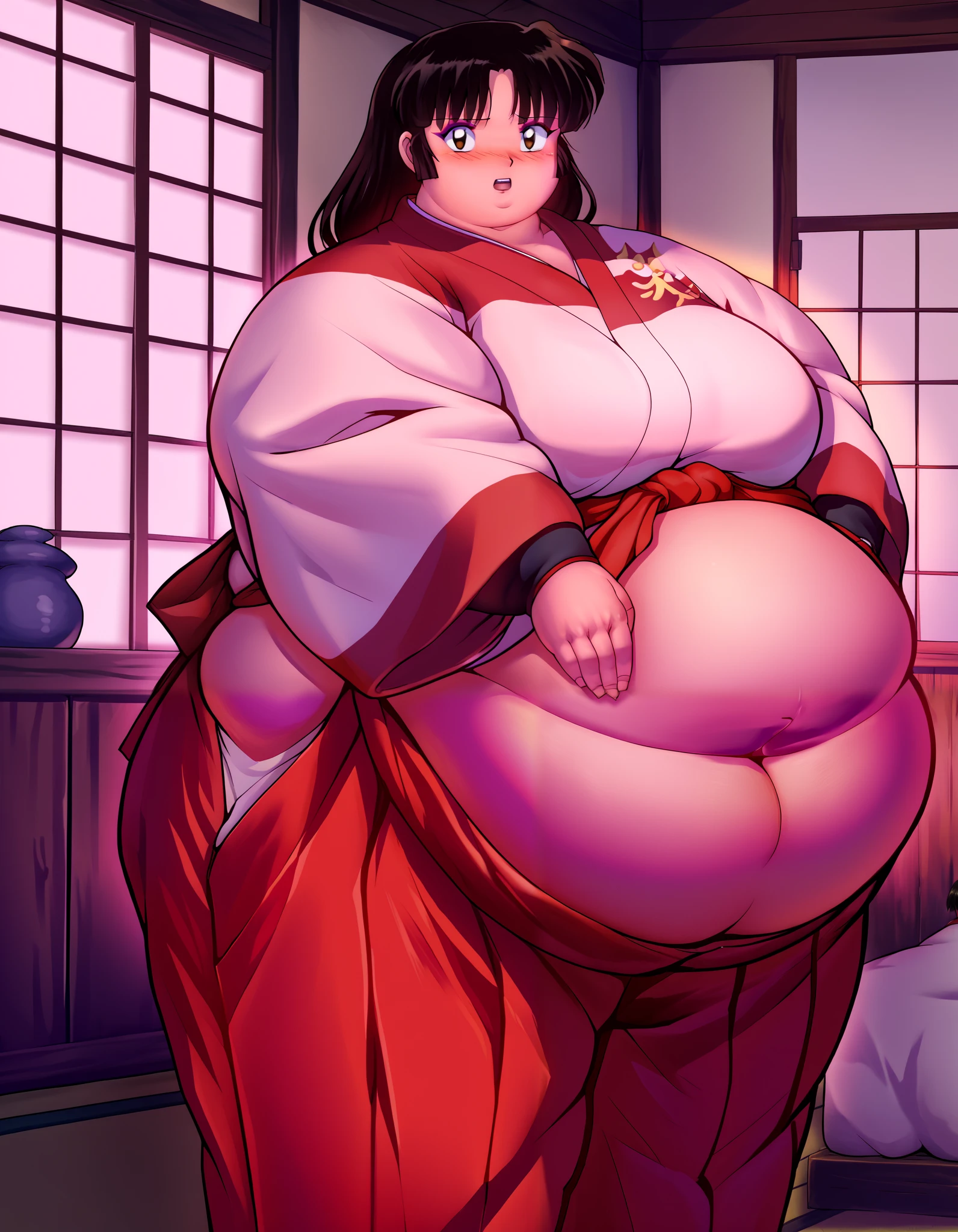 score_9, score_8_up, score_7_up, source_anime,
Sango, long hair, black hair, retro artstyle, brown eyes,  open mouth,
, skirt, long sleeves, japanese clothes, hakama, hakama skirt, miko, red hakama, 
indoors, bedroom 
looking at viewer,  fat, chubby, obese, gigantic arms and legs, standing, blush, detailed face, perfect quality, out of breath