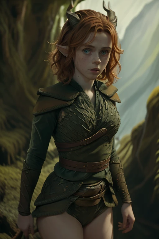 nude fiel image of sexy Sophia Lillis as Doric (from dungeons & dragons movie) igual a do poster do filme, nua, sexy, ela usa bikini verde, imagem de corpo inteiro, rosto com sardas, ela tem sardas no rosto, nua, ela esta somente de langerie, o rosto da garota tem muitas sardas, she is happy, ela sorri, her ears are pointy like an elfo, their ears are pointy like elves, She has short, wavy red hair down to her shoulders., cabelos cor ruivos, as red as possible and expressive, beautiful blue eyes, ela veste uma roupa verde como a do filme, She has horns on her head like the one in the movie poster, She holds a bow and arrow in her hand, She's sexying, She's sexy, ela mostra sua calcinha