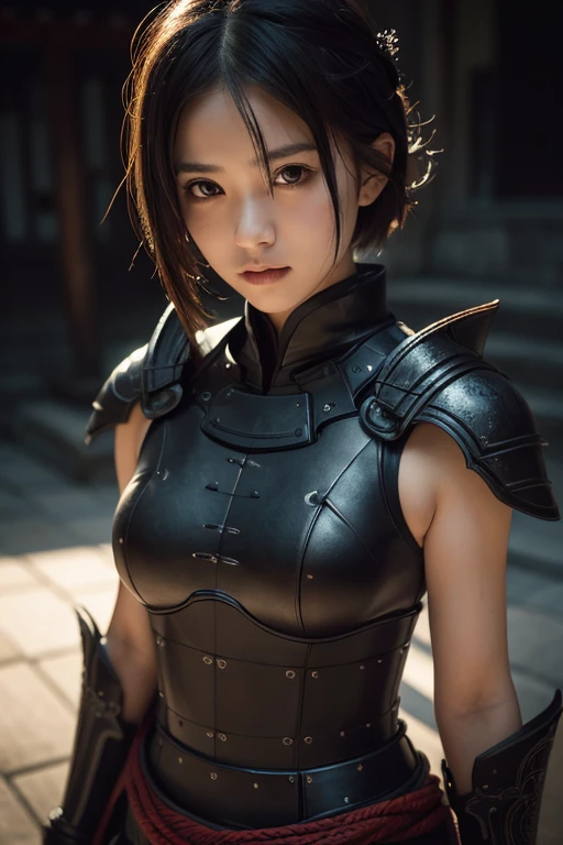 Japanese female, (underweight), (flat chest best quality:1.5),
(dungeon), sword fighting, ponytail, (metal armor:1.3), with a sword, Scene of Tension, (dark atmosphere), (in a dark and gloomy world), full body shot, birds-eye view, (bloom:1.3)