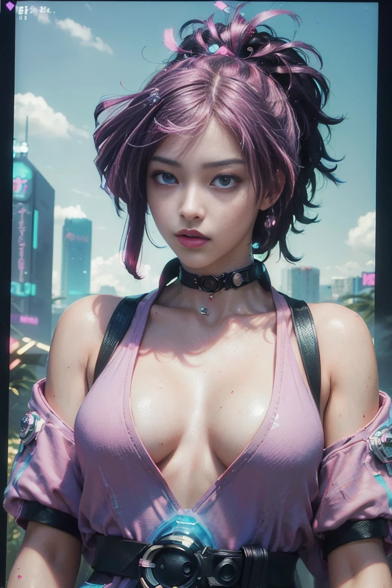 ((cyberpunk girls wearing colorful Harajuku style pop outfit)), ((((fisheye lens)))), cowboy shot, wind, purple hair, ((cyberpunk 2077 cityscape)), (cyberpunk aesthetics and atmosphere:1.3), bright colors, smiling, ((cinematic lighting)