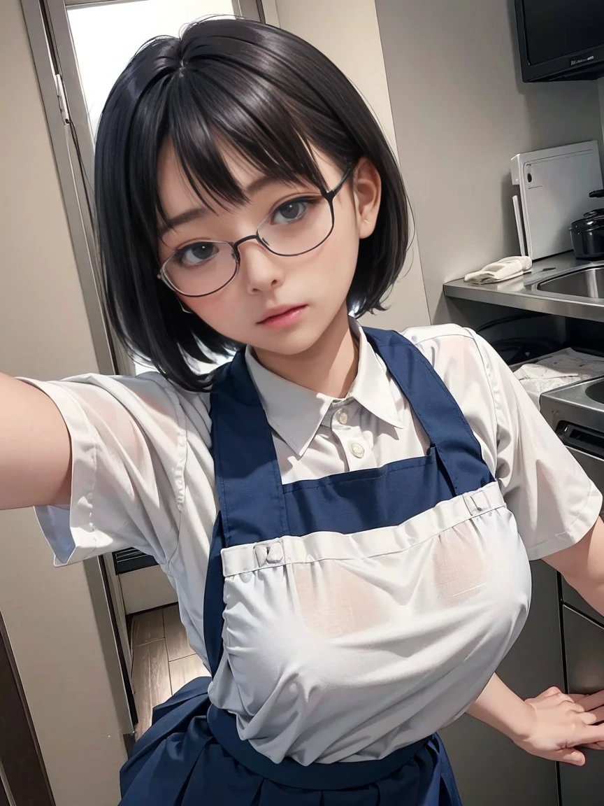 (masterpiece: 1.3), (Maximum resolution: 1.2), ( ultra HD TV   : 1.2), Cinema Light, 8k resolution,  detailed facial features,   wear  ,(  Standing and leaning forward  ) (  People with short black bob hair 々 々  )    ((   using rimless glasses   ))      Perfect Style,   cute face, Accurate, 解剖学的にAccurate,   Big Plump Breasts   ,    beautiful eyes   、  Sparkling Eyes ,     white skin,  shiny skin 、  glossy lips、 (   embarrassed ルックス : 1.2),woman, 28 years old,  Low Angleの角度  ,      facial beauty        , (   skirt flip:1.4),   Loose,   Wrinkled White         panties    ,  humiliation、impatience、tears、  embarrassed   、 surprised expression、     A little angry look、dissatisfaction、 (  people in navy colored family restaurant uniforms:1.3)、apron,    sweated 、 panties 、Disheveled clothes  、kitchen、counter、Front View 、 Low Angle