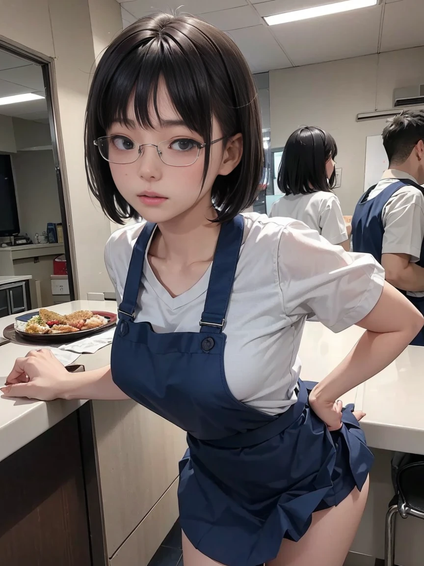 (masterpiece: 1.3), (Maximum resolution: 1.2), ( ultra HD TV   : 1.2), Cinema Light, 8k resolution,  detailed facial features,   wear  ,(  Standing and leaning forward  ) (  People with short black bob hair 々 々  )    ((   using rimless glasses   ))      Perfect Style,   cute face, Accurate, 解剖学的にAccurate,   Big Plump Breasts   ,    beautiful eyes   、  Sparkling Eyes ,     white skin,  shiny skin 、  glossy lips、 (   embarrassed ルックス : 1.2),woman, 28 years old,  Low Angleの角度  ,      facial beauty        , (   skirt flip:1.4),   Loose,   Wrinkled White         panties    ,  humiliation、impatience、tears、  embarrassed   、 surprised expression、     A little angry look、dissatisfaction、 (  people in navy colored family restaurant uniforms:1.3)、apron,    sweated 、 panties 、Disheveled clothes  、kitchen、counter、Front View 、 Low Angle