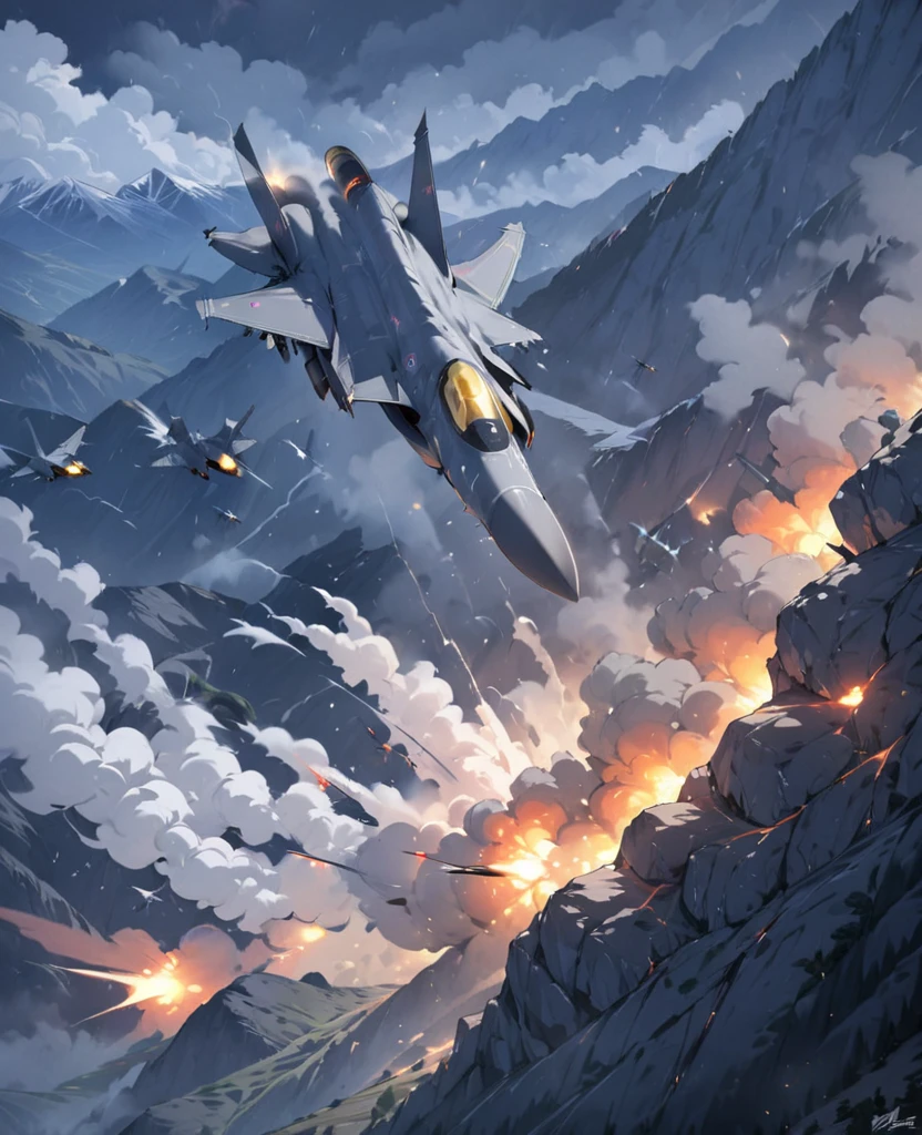 (Masterpiece), best quality, 8k, highres, ultra-detailed, studio lighting, vibrant colors, dimly lit room,F-35 Lightning II, fighter jet, masterpiece, anime style, thunderstorm, mountains, smoke, missiles, dog fight, single fighter jet, vibrant colors, explosions, fire fight