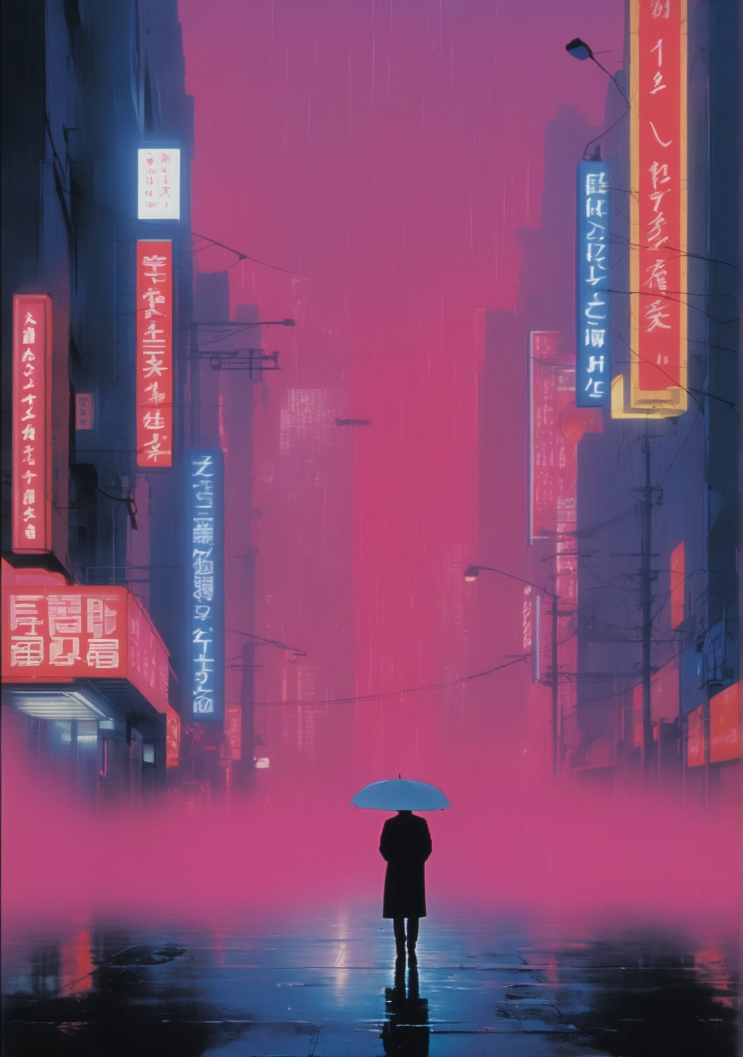 cinexart (title: "Glimpse_03") movie poster
A melancholic sci-fi drama set in Tokyo during the 1990s. The poster showcases a dimly lit urban street drenched in rain, with neon signs reflecting off the wet pavement. A lone figure with an umbrella stands in the foreground, slightly blurred, as if fading into the background. The distant skyline is shrouded in fog, with faint glimmers of light piercing through. The atmosphere feels cold and isolating, enhanced by a soft blue and gray color palette with hints of neon pink. The movie title, *Glimpse_03*, is placed subtly at the bottom in sleek, minimalist typography, accompanied by small credits in white. The overall design evokes a sense of nostalgia and quiet sorrow.  