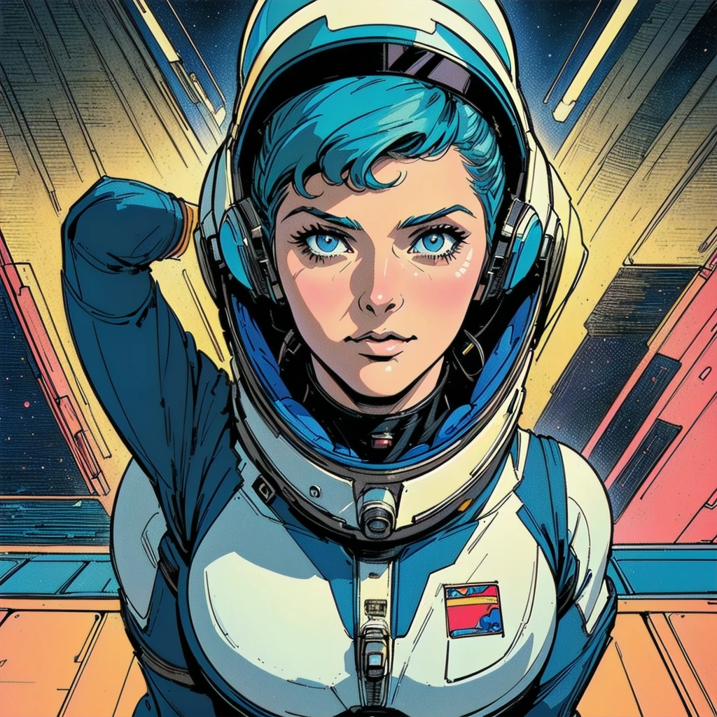 ((( Best Quality Masterpiece ))),(((Absolutely one woman))),(spacesuit that emphasizes cleavage ),((( 70s and 80s space thriller movie posters))),( American Comics ),((( retro vintage style ))),Overwhelmingly complex depiction,Absolute machine group background, futuristic cyberpunk ,Extremely accurate and delicate depiction,