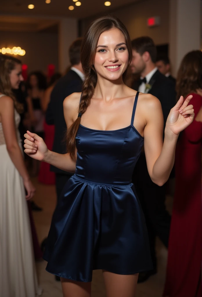 young brunette woman, beautiful brown eyes. long brown hair. ponytail hairstyle, Short A-line strap dress made of shiny dark blue satin, Tights, 项链, transparent lip gloss, narrow building, Pretty, 2, Full body photo, long legs, Satin top, dancing at a party, looks stunning. is enthusiastic. In the background are wedding guests