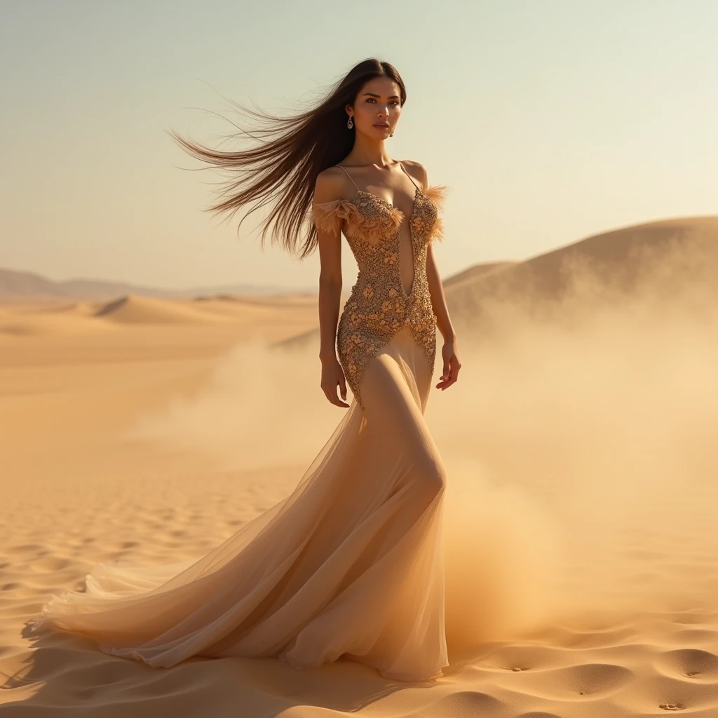 High contrast, (8K wallpapers: 1.3), realistic, octane rendering, realistic, (realistic face: 1.2), sharp focus, (masterpiece), (best quality), (mirror lighting: 1.5), face light, (goddess, flowing long hair: 1.3), noble and gorgeous, 1 goddess, real, slim figure, blue evening dress, crystal necklace, gorgeous fabric with diamond earrings, metal bracelet, atmospheric walking pose, red lips, high heels, lighting effects, sparkling light, blue sky, Desert, (Gorgeous:1.2), (Elegance:1.1), (Confidence:1.1)