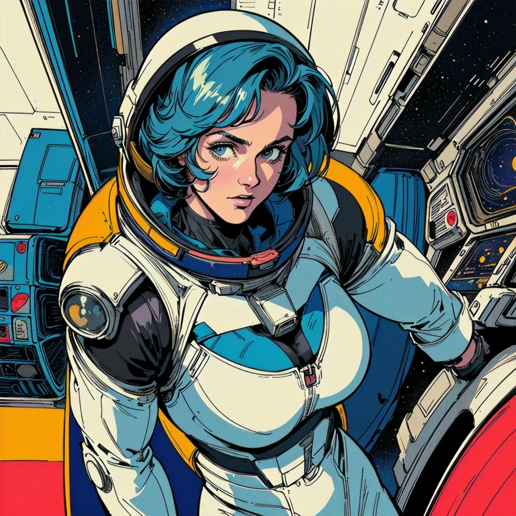 ((( Best Quality Masterpiece ))),(((Absolutely one woman))),(spacesuit that emphasizes cleavage ),((( 70s and 80s space thriller movie posters))),( American Comics ),((( retro vintage style ))),Overwhelmingly complex depiction,Absolute machine group background,Near future, Cyberpunk ,Extremely accurate and delicate depiction,