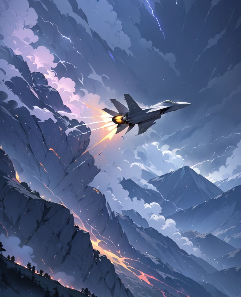 (Masterpiece), best quality, 8k, highres, ultra-detailed, studio lighting, vibrant colors, dimly lit room,F-35 Lightning II, fighter jet, masterpiece, anime style, thunderstorm, mountains, single fighter jet, vibrant colors, 