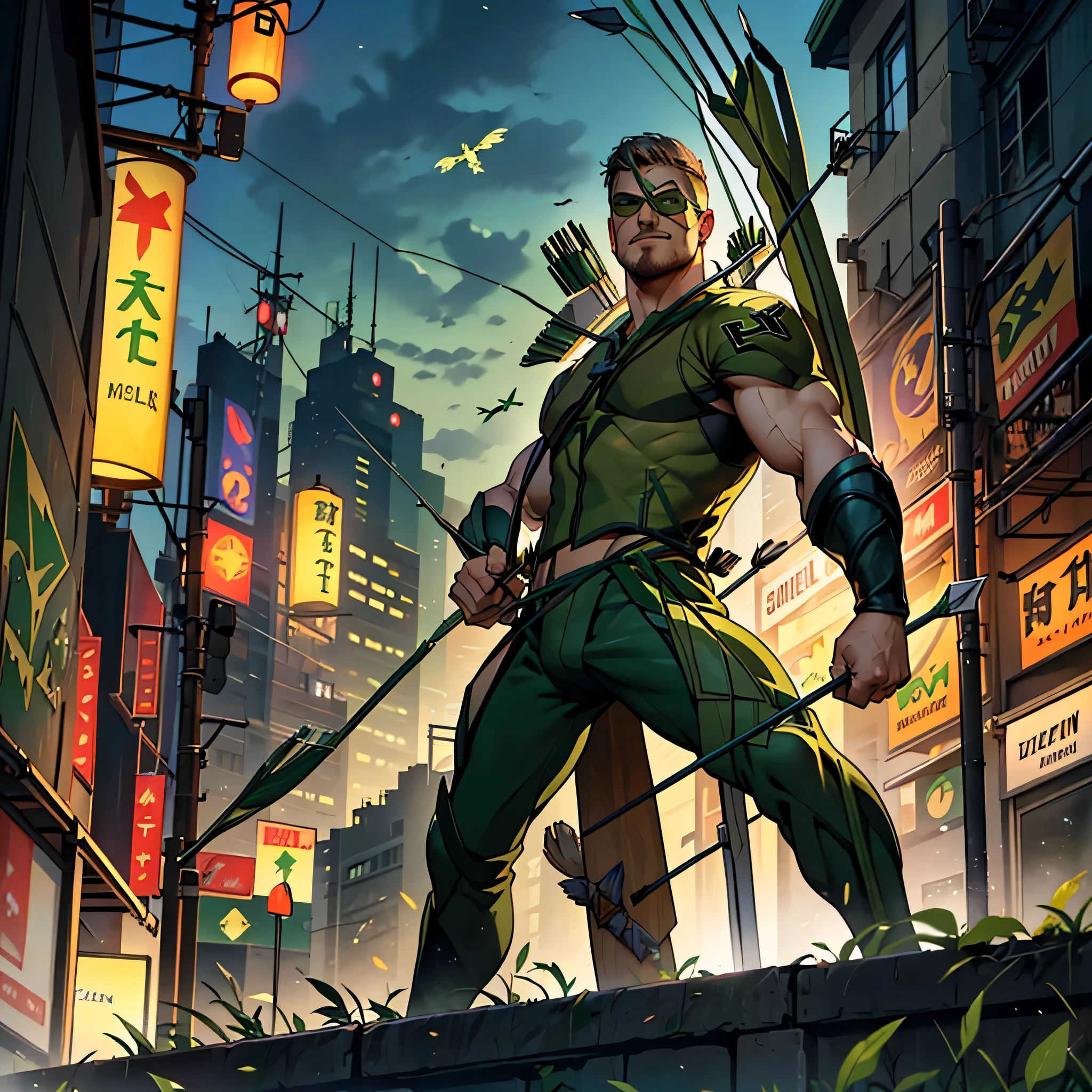 32k, high quality , detailed face , detailed hands , detailed muscles ,((( stephen amell as the green arrow))) in action , man action on a street using his longbow , quiver on his back , ((( without mask))) ,standing with spread legs, showing his muscles, background sky with city scape , light lanterns .....