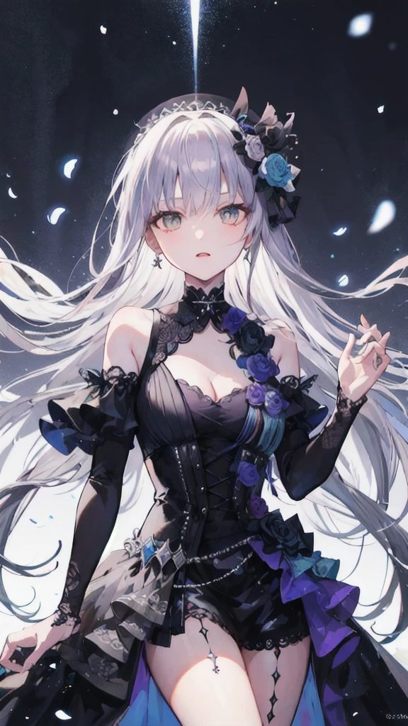 (masterpiece), ( is of the best quality), perfect composition, Clean, 8K, , [1 Girl, 牛仔射击], (minato_Snow vegetable_Bond Dream:1), long grey hair, Sweep the bangs,  Bright eyes , Jewelry, hair_flower, Gothic fashion, slanted shoulder dress , embroidery, serious, Perseverance,  movie lights from the waist,  High Contrast, Geometric Patterns, ray, [glare, radiation],  Popular on pixiv, Neon inscription, Runes, [obsidian,  perspective , Star], DARK THEME 
