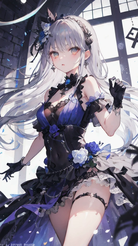 (masterpiece), ( is of the best quality), perfect composition, Clean, 8K, , [1 Girl, 牛仔射击], (minato_Snow vegetable_Bond Dream:1), long grey hair, Sweep the bangs,  Bright eyes , Jewelry, hair_flower, Gothic fashion, slanted shoulder dress , embroidery, serious, Perseverance,  movie lights from the waist,  High Contrast, Geometric Patterns, ray, [glare, radiation],  Popular on pixiv, Neon inscription, Runes, [obsidian,  perspective , Star], DARK THEME 
