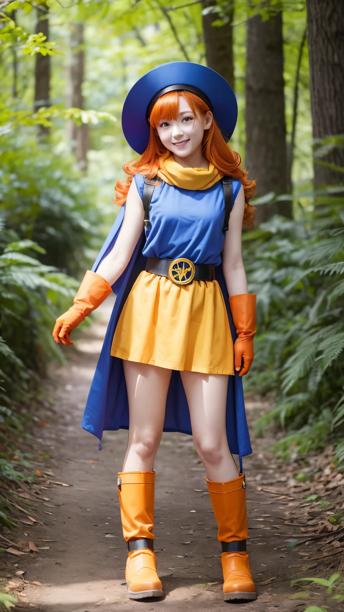 Girl、 has orange wavy hair and purple eyes I'm here。Wear a big blue hat、 also wears a blue cloak 。smile、Wears a yellow tunic 、 has a waist tightened with black tights and a belt 。 wears orange gloves on her hands 、 wears orange boots around her feet 。 I'm in a fighting pose、forest、Battle
