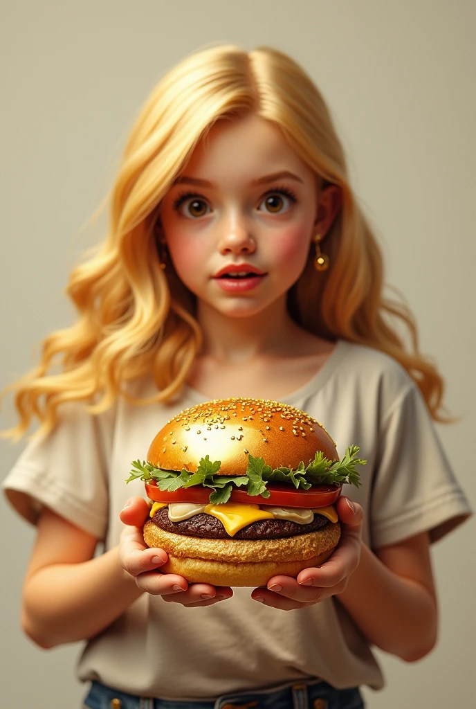 Blonde Girl Child Eating A Burger Falling into Juicy Pieces, saboroso, quente, foto promocional, detalhes intrincados, HDR, cinematographic, Adobe Lightroom, altamente detalhado