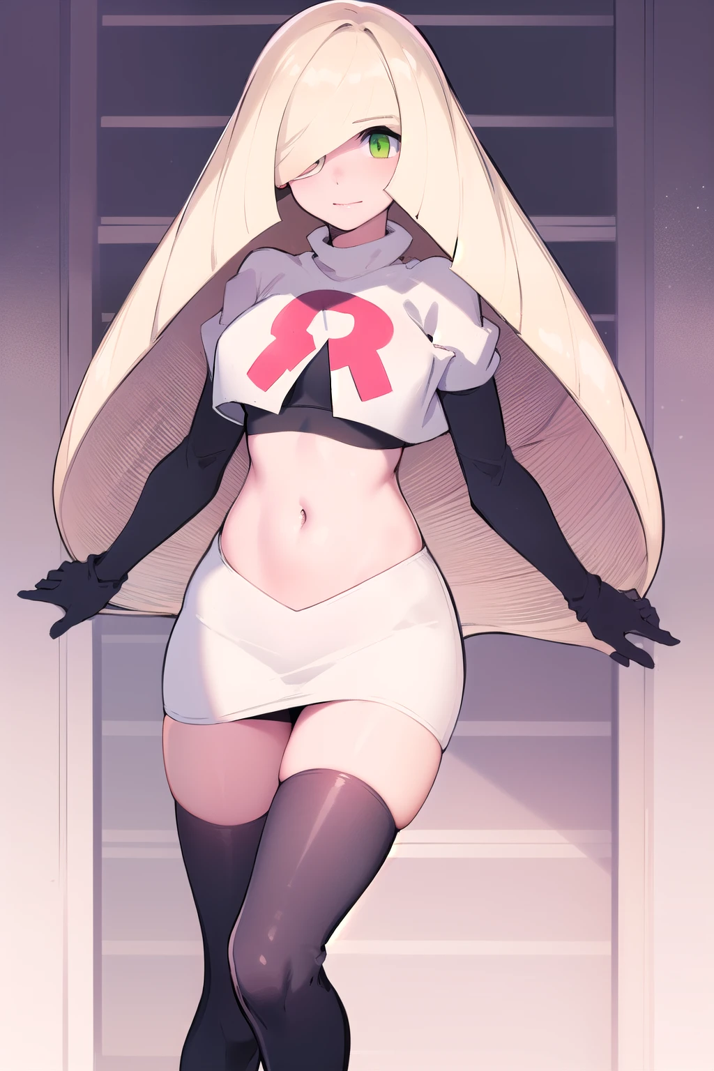 masterpiece,best quality,1girl,mature female,lusamine,blonde hair,green eyes,very long hair,(hair over one eye:1.3),team rocket,team rocket uniform,white skirt,red letter R,crop top,black thigh-highs,black elbow gloves,