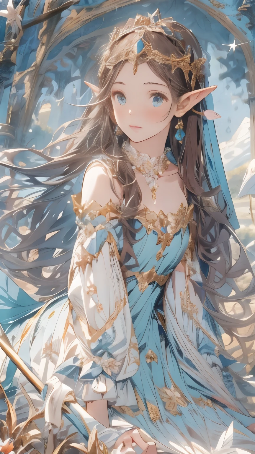 Masterpiece, A girl with long dark brown hair, straight and with a clear forehead , with a beautiful face, innocent and turquoise eyes , dressed as an elf princess , light blue dress with ruffles , fine fabrics, headband tiara , pointed ears , medieval fantasy , embroidered details in plain gold , watching feathers that fall from the sky on a meadow