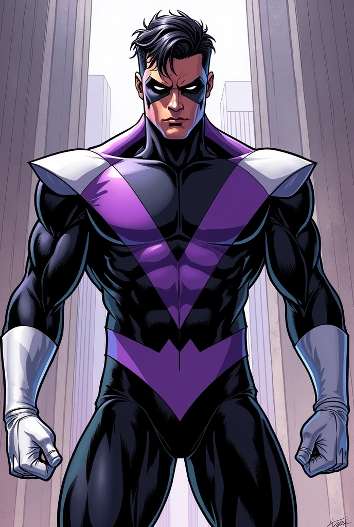 superhero the phantom, wearing a purple outfit covering the whole body, and lilac speedo with black stripes and a belt, holding a gun, and a black mask over his eyes. super realistic, full body, wearing black boots, standing, sfw, perfect body, perfect face, showing his perfect face, holding a gun, realistic, in an aly, art draw realistic superheroe