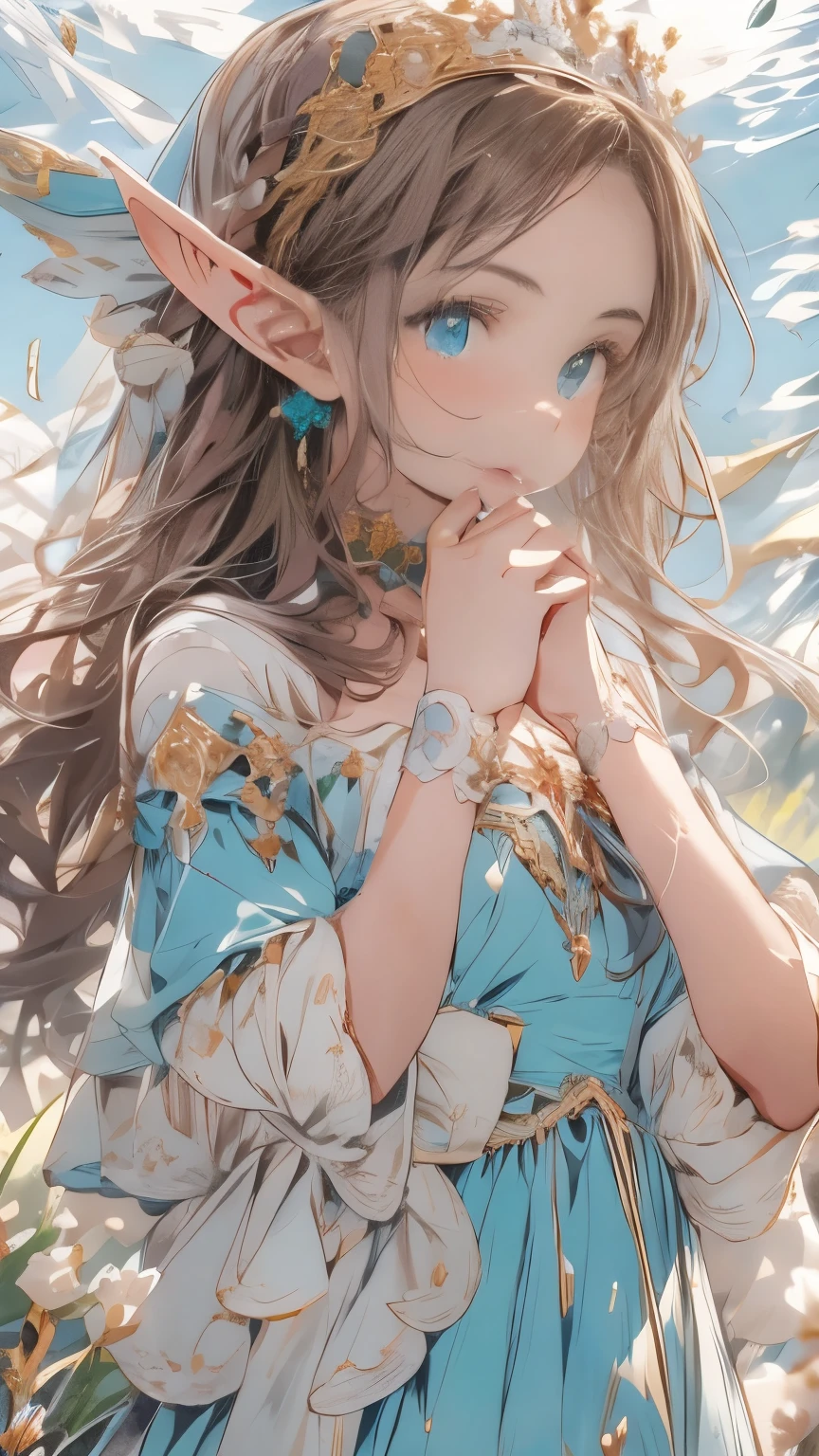 Masterpiece, A girl with long dark brown hair, straight and with a clear forehead , with a beautiful face, innocent and turquoise eyes , dressed as an elf princess , light blue dress with ruffles , fine fabrics, headband tiara , pointed ears , medieval fantasy , embroidered details in plain gold , watching feathers that fall from the sky on a meadow