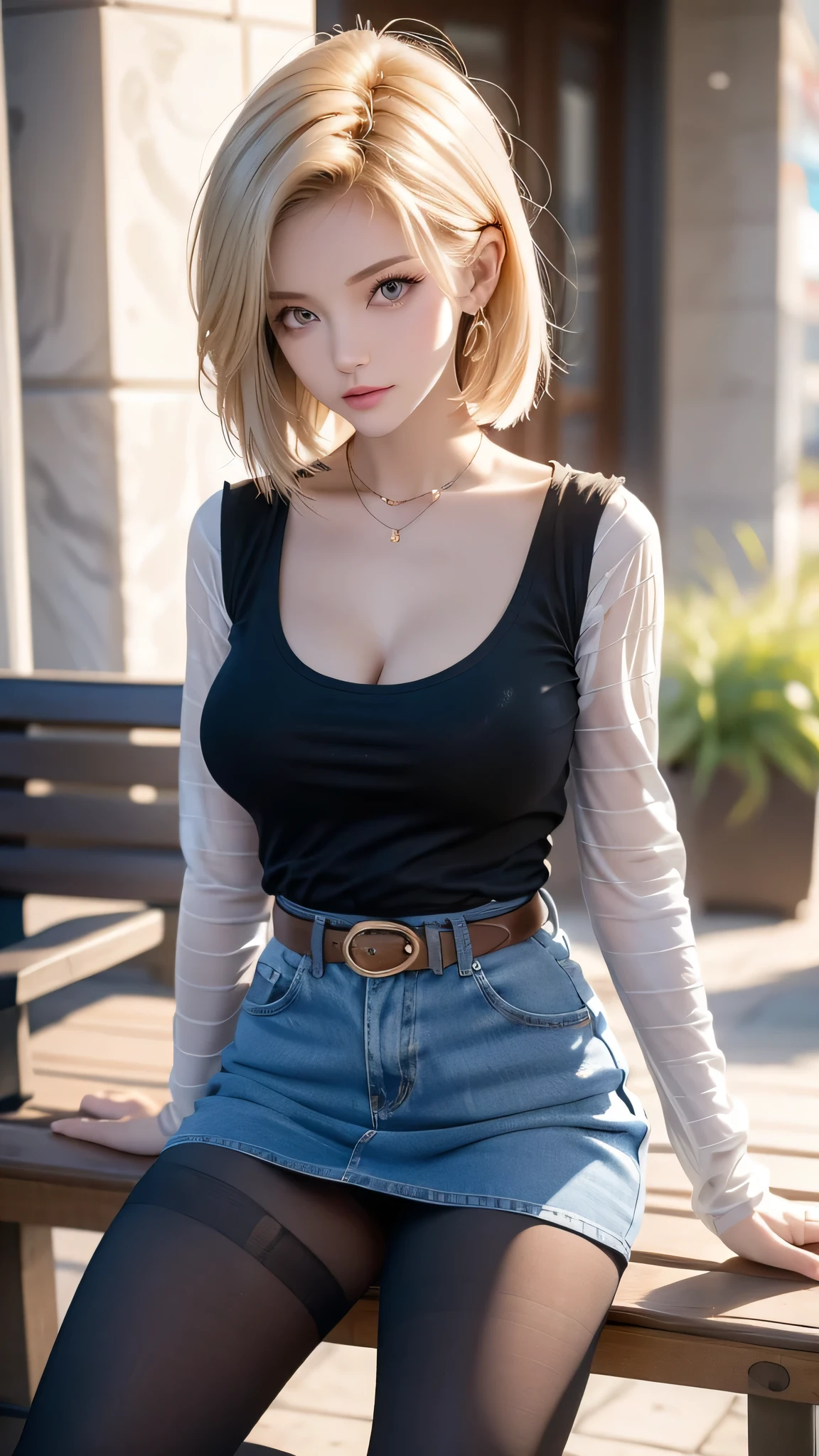 One girl,  Android 18, Blonde,  pretty and sexy girl, She wearing light blonde hair, Medium length shaggy cut hair, She have Very large breasts bouncing, Wearing a very short blue H-line denim skirt, Wearing a denim vest, The denim skirt and denim vest colors match, She Wear long sleeves, It has long sleeves with black stripes at regular intervals on a white background, She wears flesh-colored illusion pantyhose, The pantyhose she wears look like brown stockings, She wore pantyhose and wore white panties over them, wearing a women's Western cowboy-belt, wearing women's Western cowboy-boots, wearing a black t-shirt that exposes deep cleavage, No bra, breast areolas outside a black T-shirt, clearly exposed, She is sitting on the bench, She holds the lower part of her right thigh with one hand, Raises her right thihh, She puts her raised leg on the side of the bench, Her legs are spread, So the denim skirt is pushed up her thigh, The shiny white panties above the pantyhose she is wearing are visible thanks to the raised denim mini skirt and her right thigh, Her panties are slightly visible, She gives me a tempting look, Full of anticipation, She winks with her left eye, boldly and fascinatingly winks her left eye and stares at me intently, bench, outdoor park, four trees around, clear sky, masterpiece