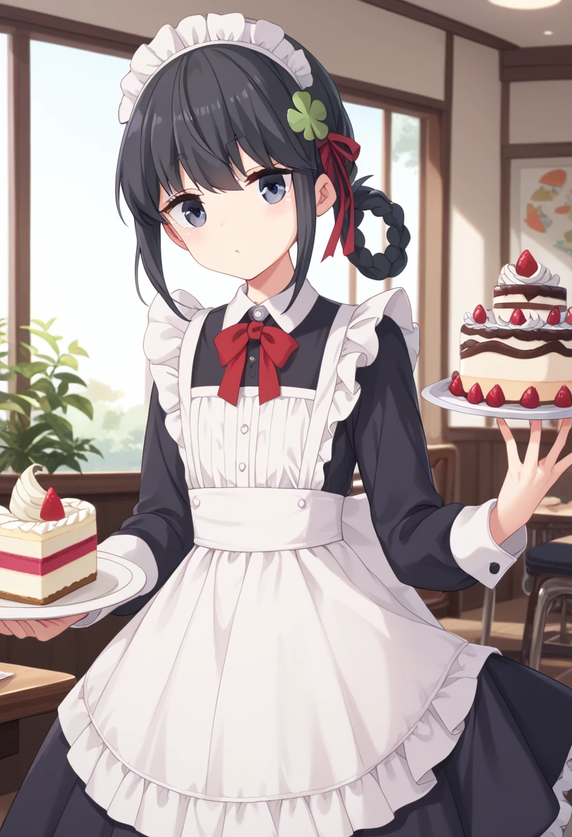  (8k), (  very detailed), (   best illustration  ), Cafe。   maid clothes。. flat chested。 shorthair 。  big red ribbon barrette。Four leaf clover in hair 。adult。 black hair。Shima Rin,Bring me a cake 。Four leaf clover in hair