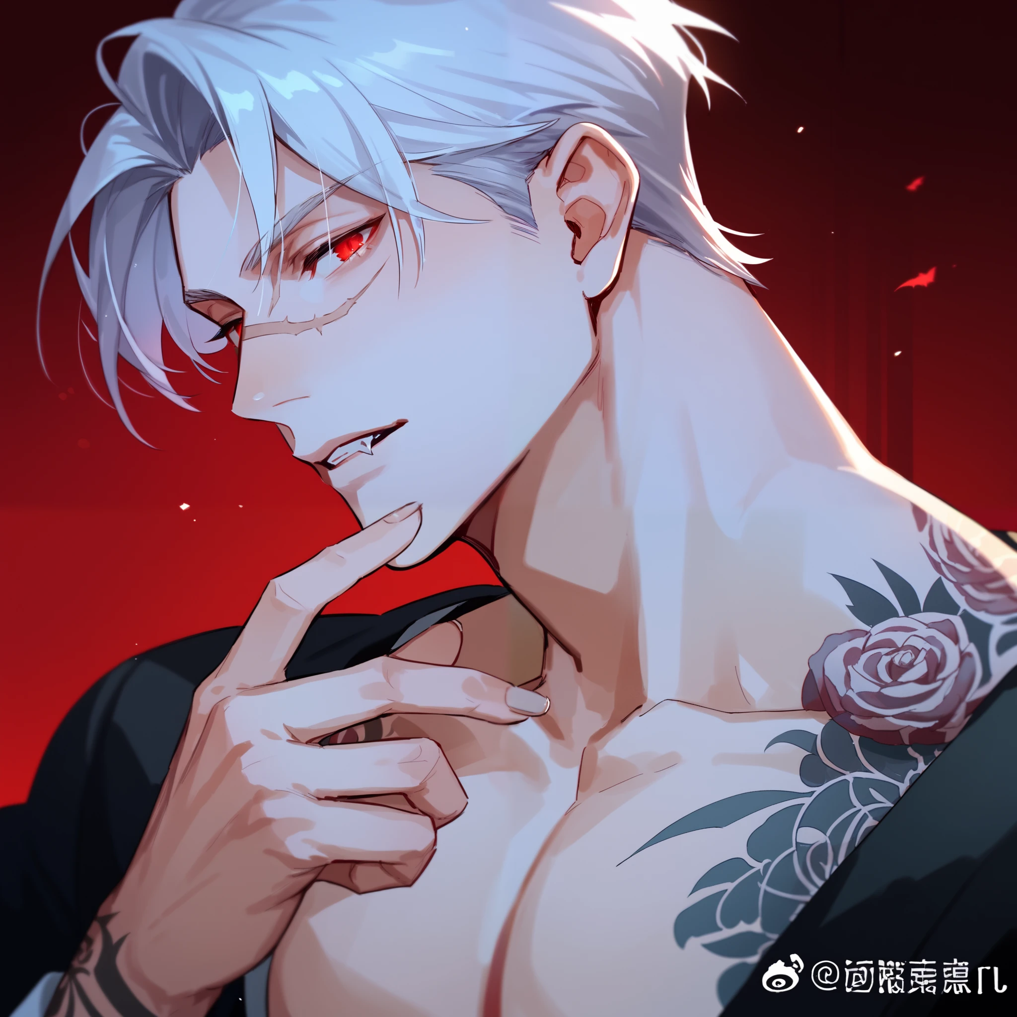 male, vampire, muscular, tattooed, scar over nose, elegant parted hair, white hair, red eyes, pale skin, mysterious background, face and bust focus