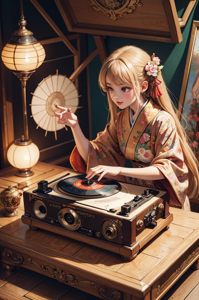 Illustrated，(masterpiece),( best quality:1.2),( very detailed:1.2),( high definition ),vintage record player, nectar，8k，Baby kitsune，